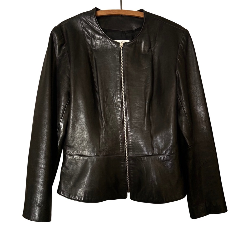 Vakko Womens Black Leather Jacket Collarless Zip Up Made in USA Size Large L